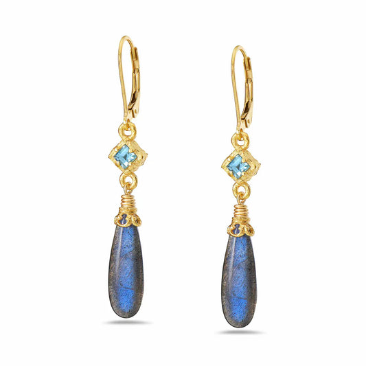 Labradorite Earrings with Blue Topaz and 18k Gold Vermeil