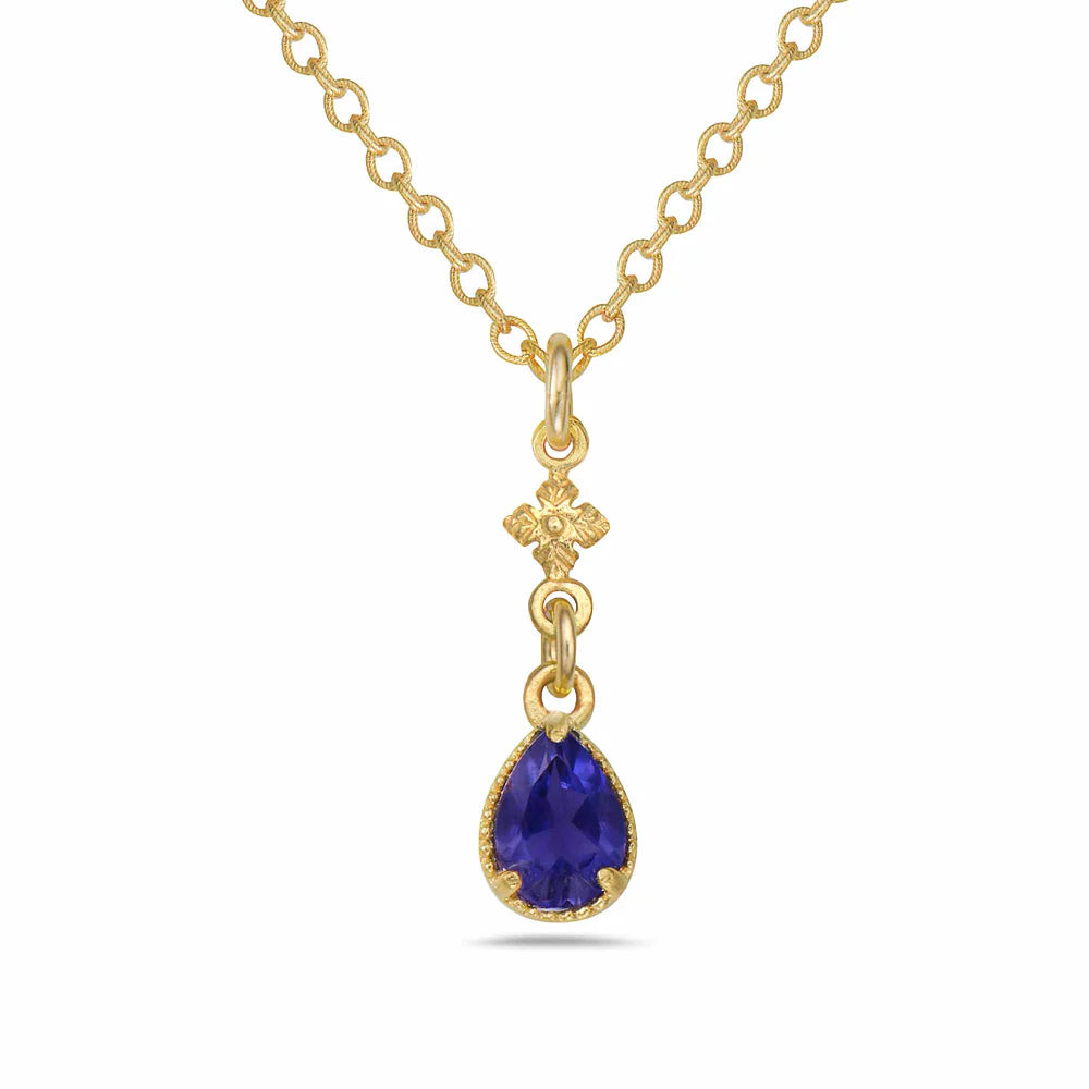 Petite Flower Necklace with Iolite Teardrop in Gold