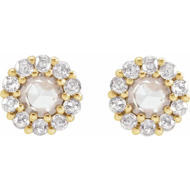 14K Yellow Gold Rose Cut Diamond Halo Studs