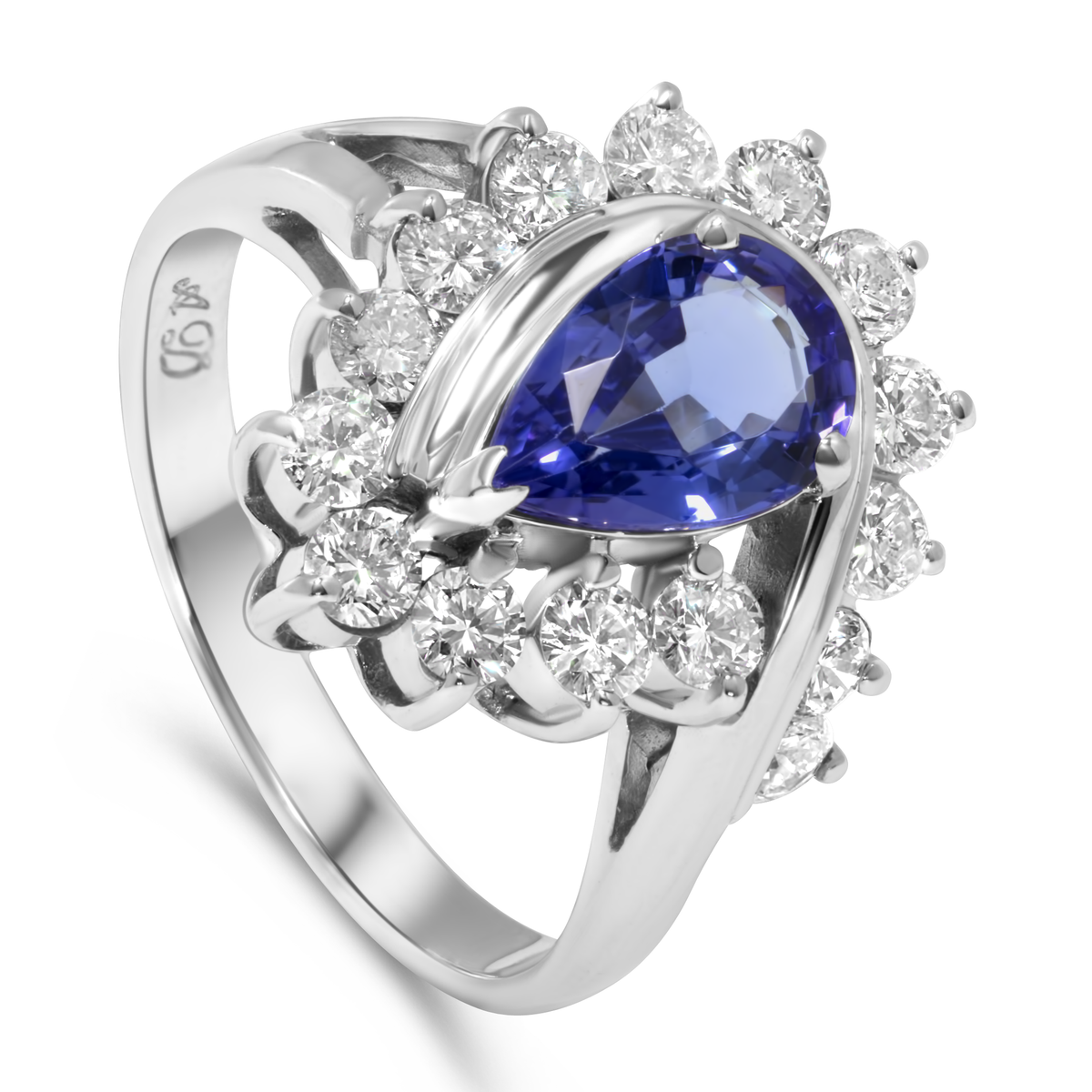 14K White Gold Pear Tanzanite with Halo Diamonds Ring