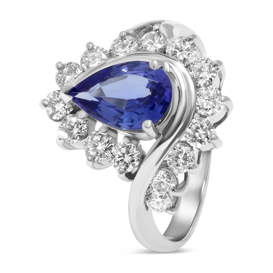 14K White Gold Pear Tanzanite with Halo Diamonds Ring