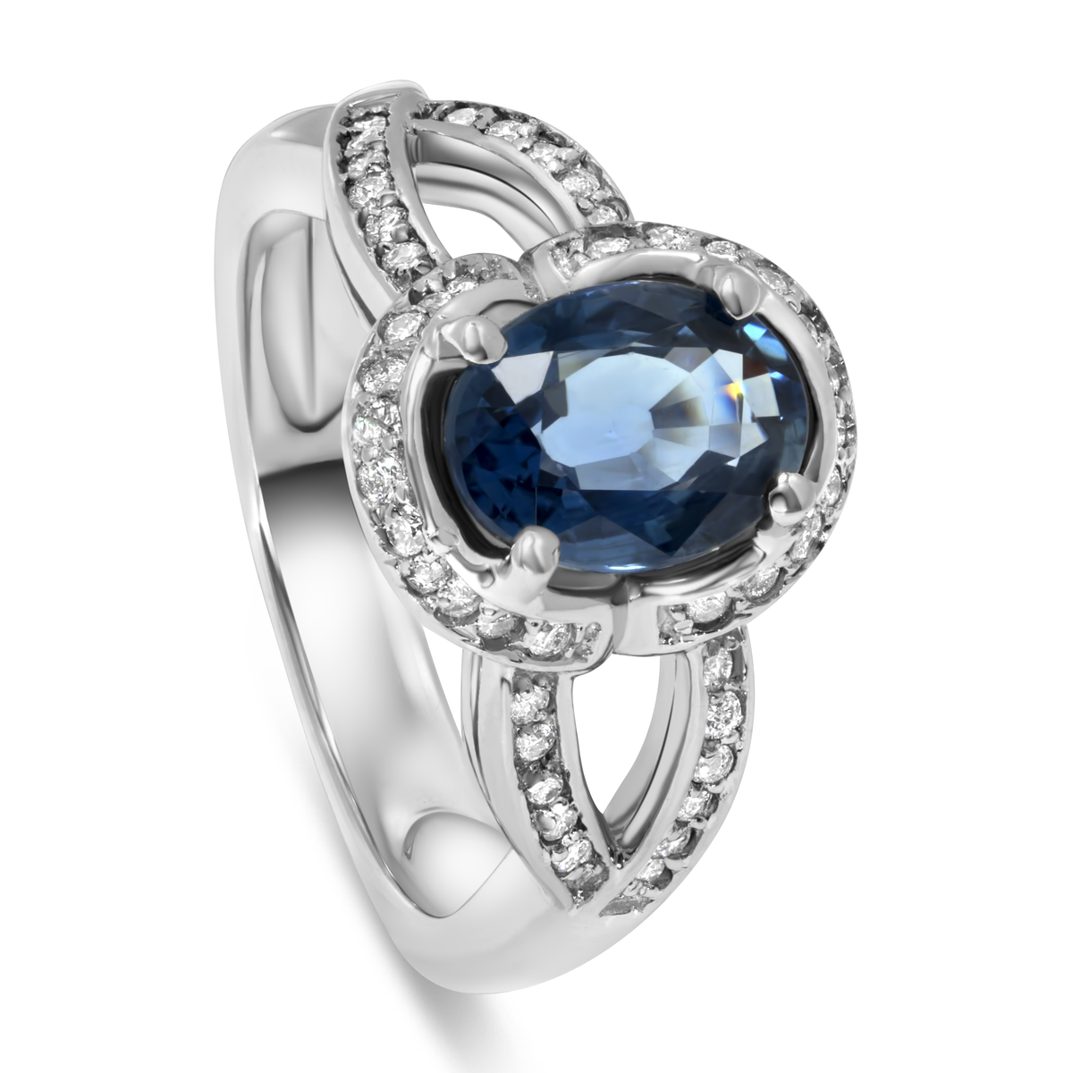 14K White Gold Oval Sapphire & Halo Diamonds Ring