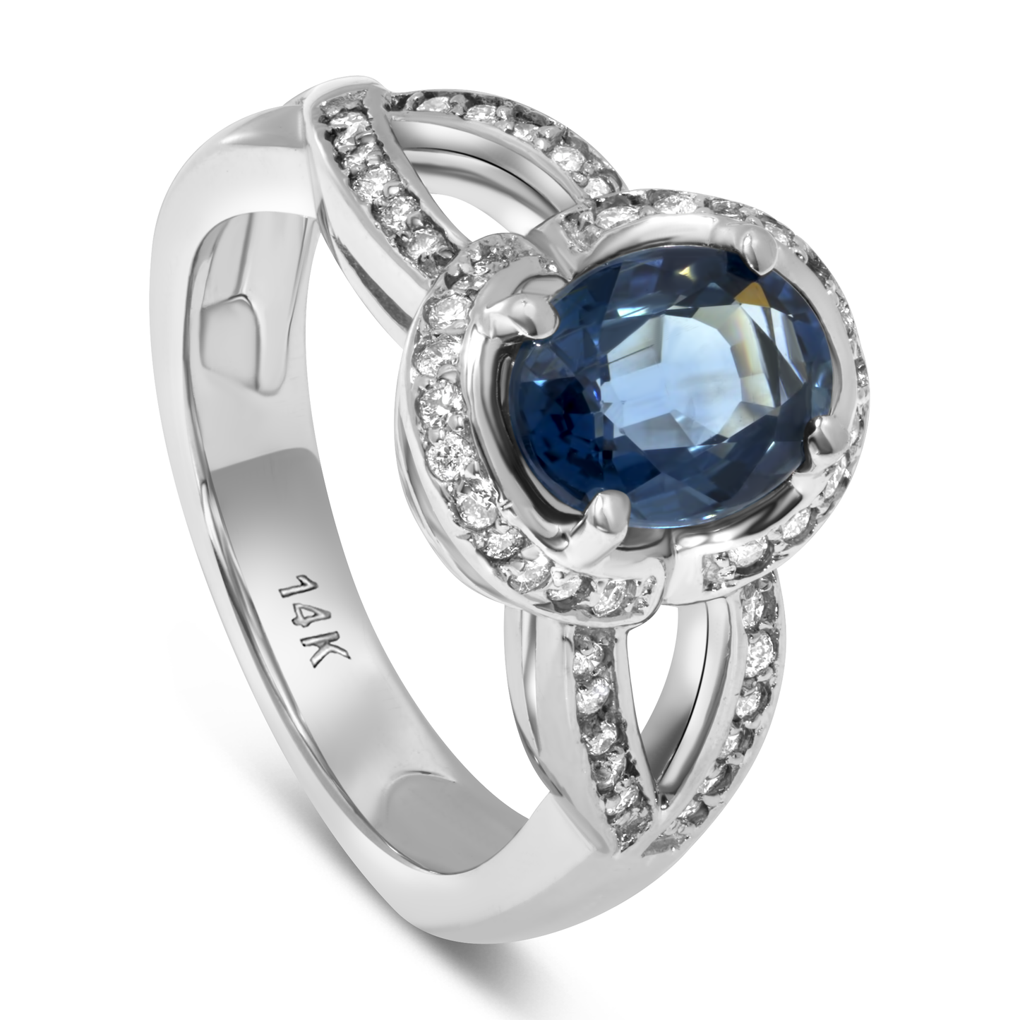 14K White Gold Oval Sapphire & Halo Diamonds Ring