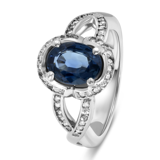 14K White Gold Oval Sapphire & Halo Diamonds Ring