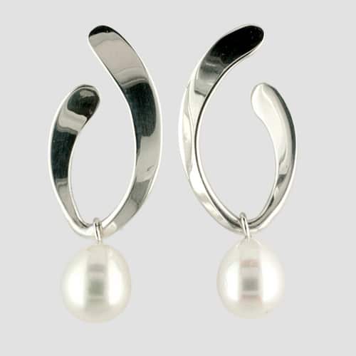 Sterling Silver Oval Hoop Earrings with Pearl by Tom Kruskal