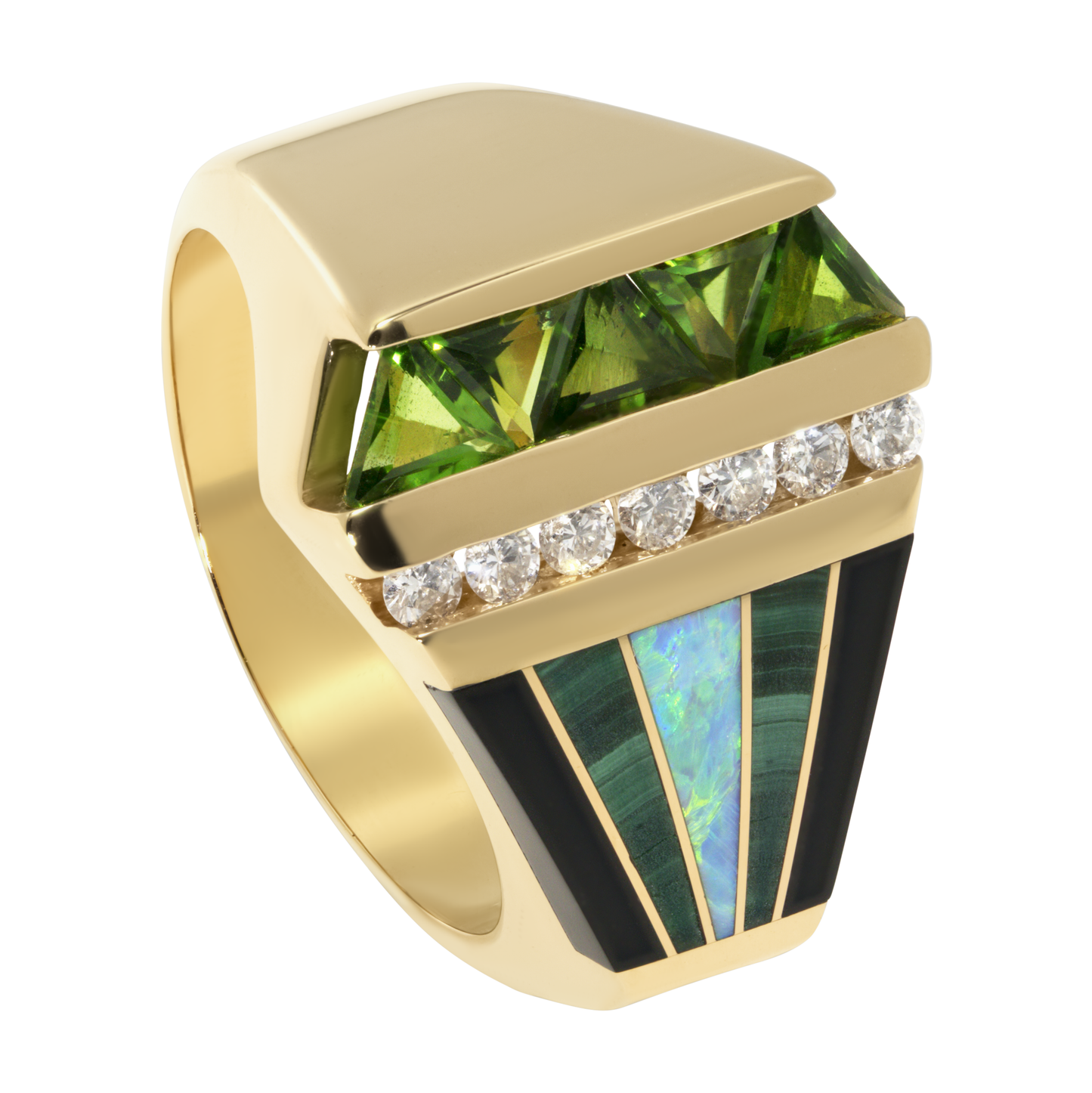 14K Yellow Gold Inlay Ring with Opal, Onyx, Malachite, Diamonds & Green Tourmaline
