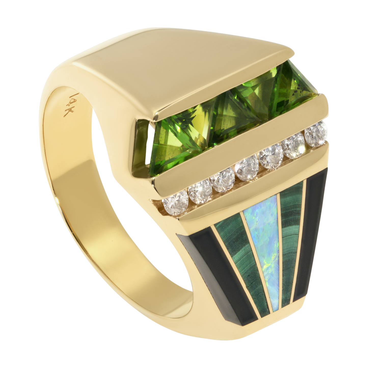 14K Yellow Gold Inlay Ring with Opal, Onyx, Malachite, Diamonds & Green Tourmaline