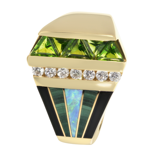 14K Yellow Gold Inlay Ring with Opal, Onyx, Malachite, Diamonds & Green Tourmaline
