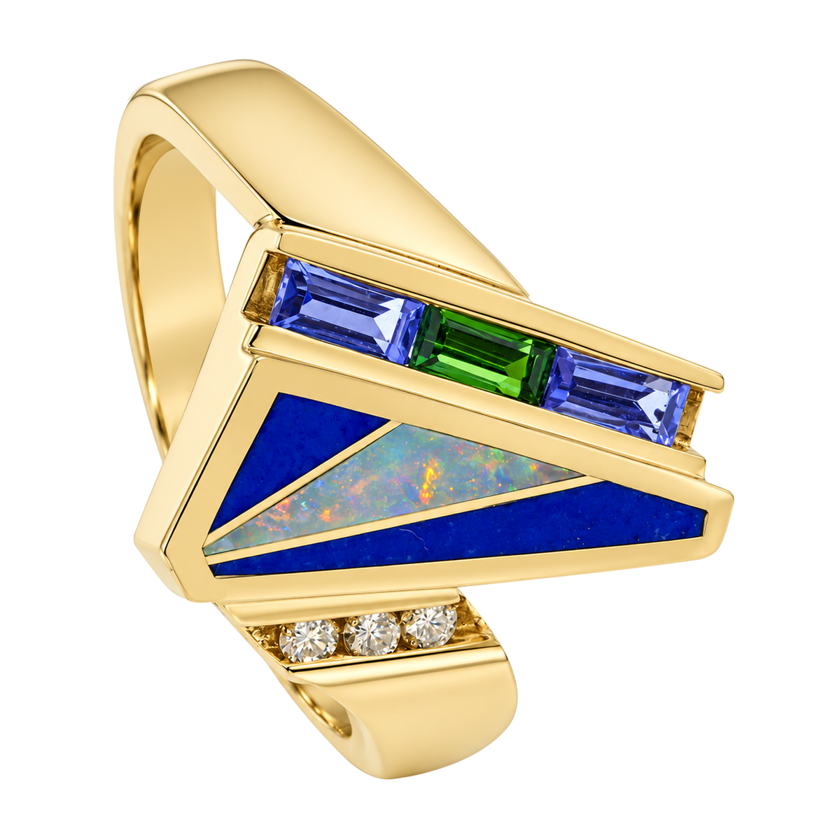 14K Yellow Gold Inlay Ring with Opal & Lapis