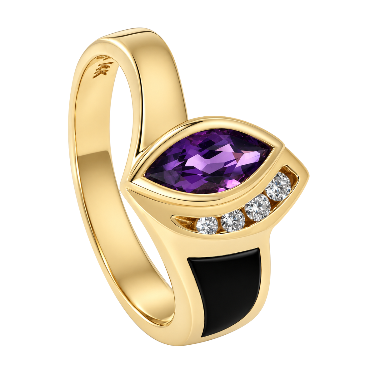 14K Yellow Gold Marquise Amethyst with Diamonds and Inlay Onyx