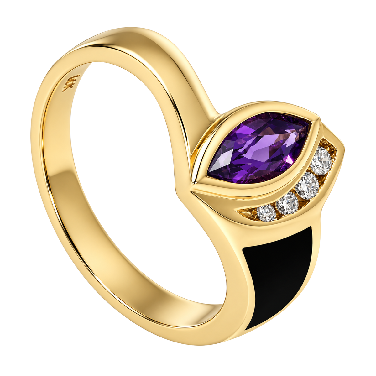14K Yellow Gold Marquise Amethyst with Diamonds and Inlay Onyx