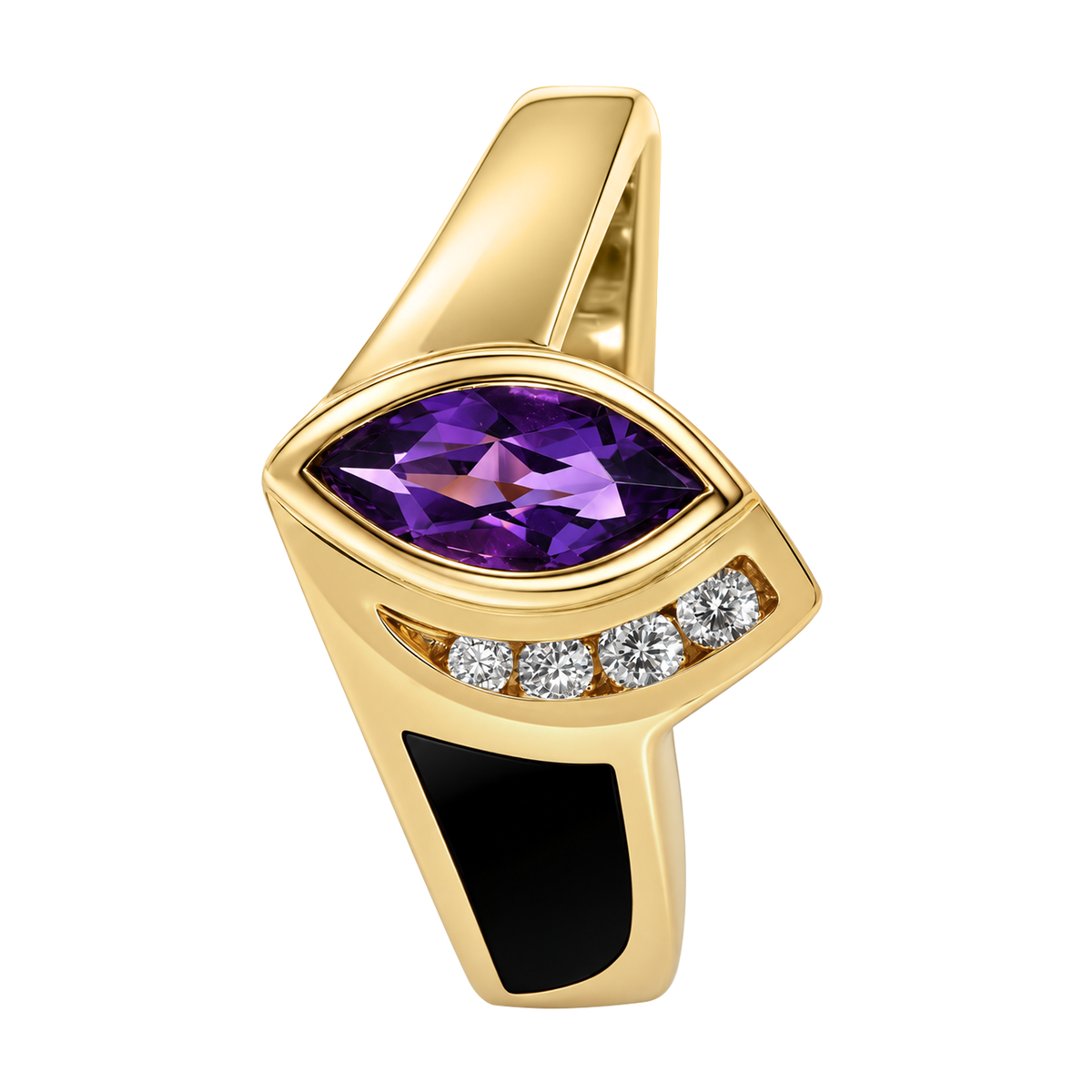 14K Yellow Gold Marquise Amethyst with Diamonds and Inlay Onyx