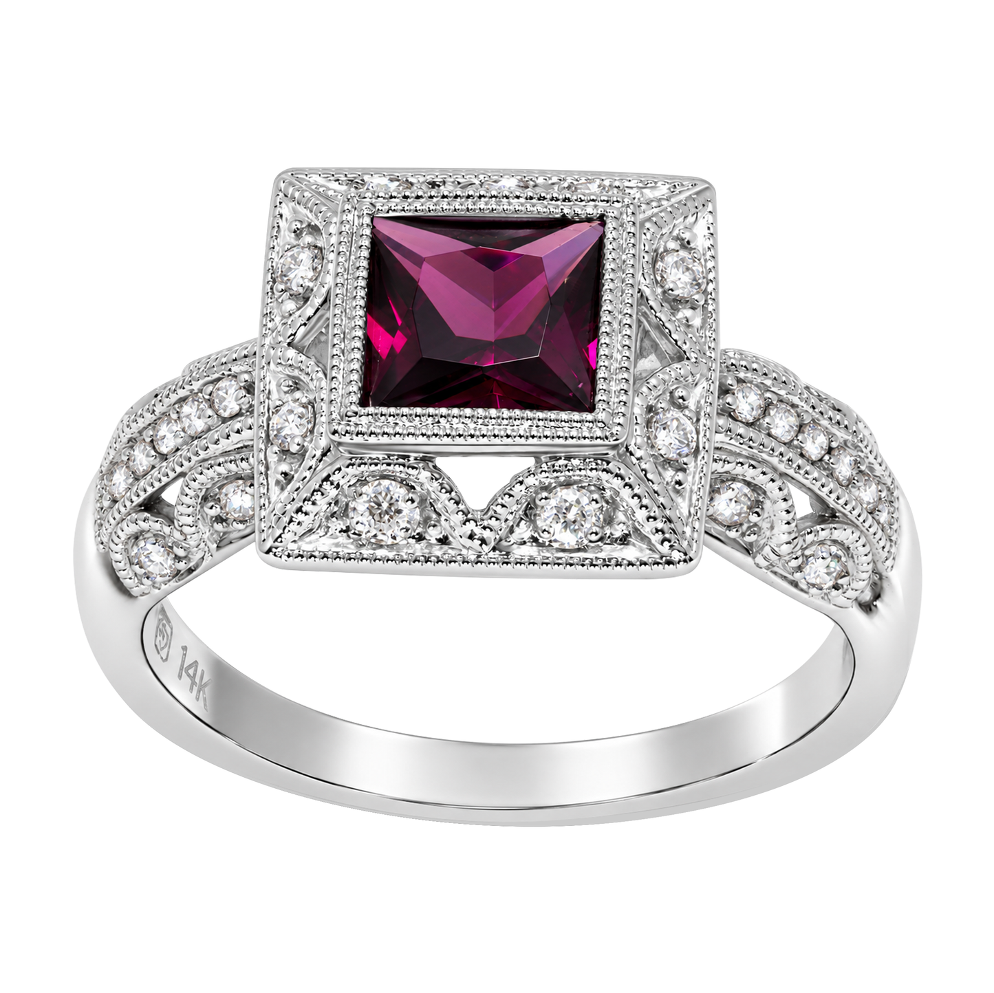 14K White Gold Square Diamond Filigree Garnet Ring