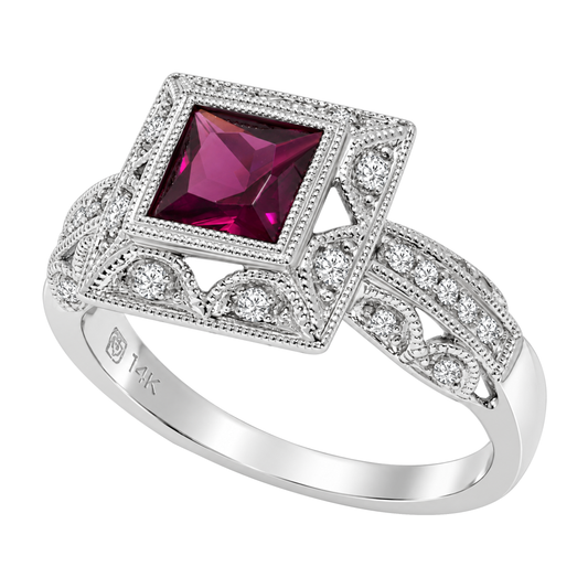14K White Gold Square Diamond Filigree Garnet Ring