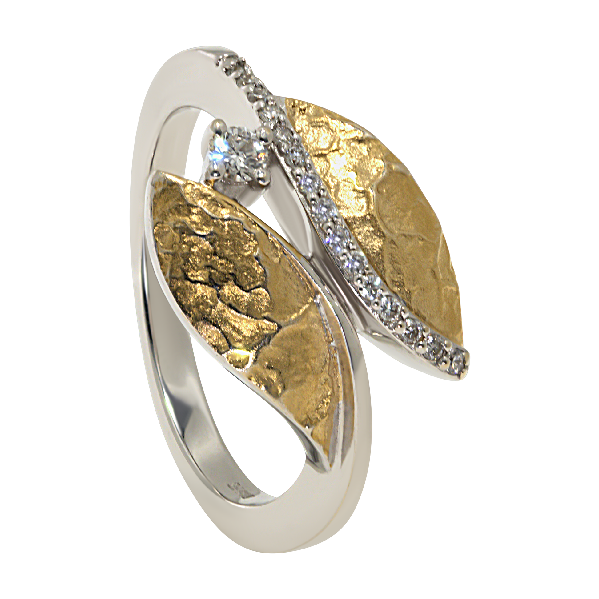 14K Bicolored Double Leaf Diamond Ring