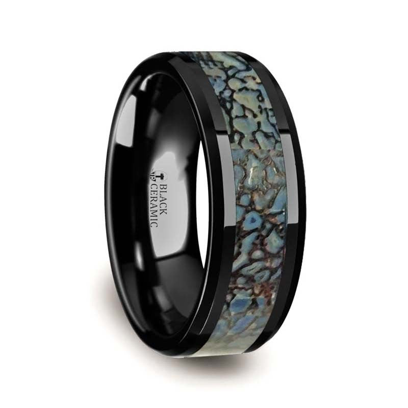 Permian Blue Dinosaur Bone Inlaid Black Ceramic Beveled Edged Ring 8mm by Thorsten