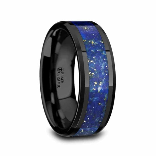 Marlow Men’s Polished Black Ceramic Wedding Band with Blue Lapis Inlay & Beveled Edges 8mm by Thorsten