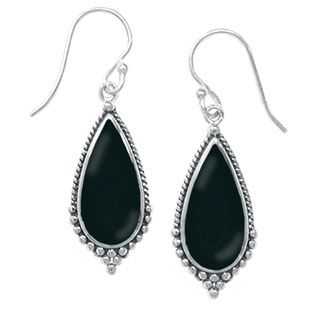 Sterling Silver Vintage Inspired Pear-shape Onyx Dangle Earrings by Boma