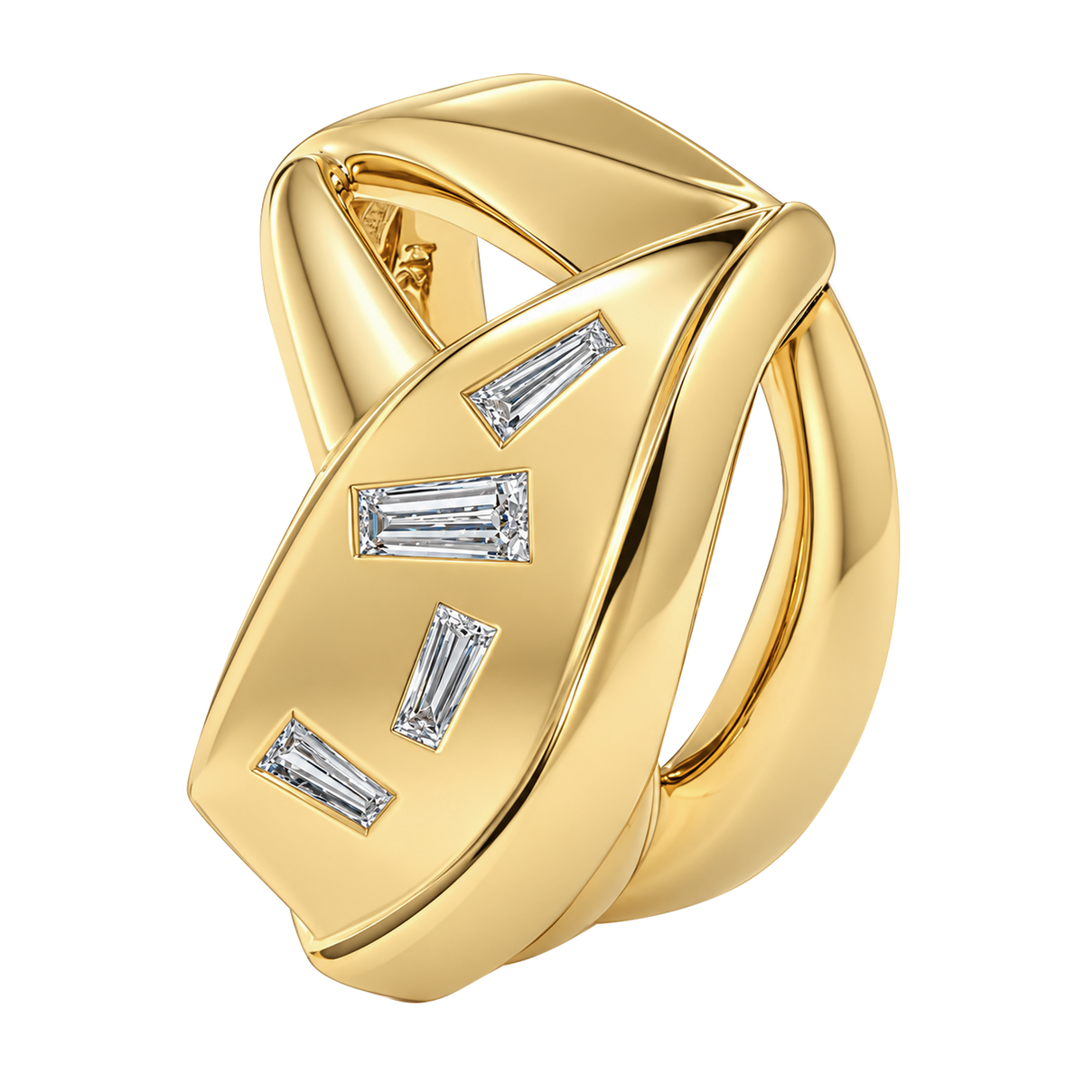 14K Yellow Gold Geometric Wide Band with Baguette Diamonds