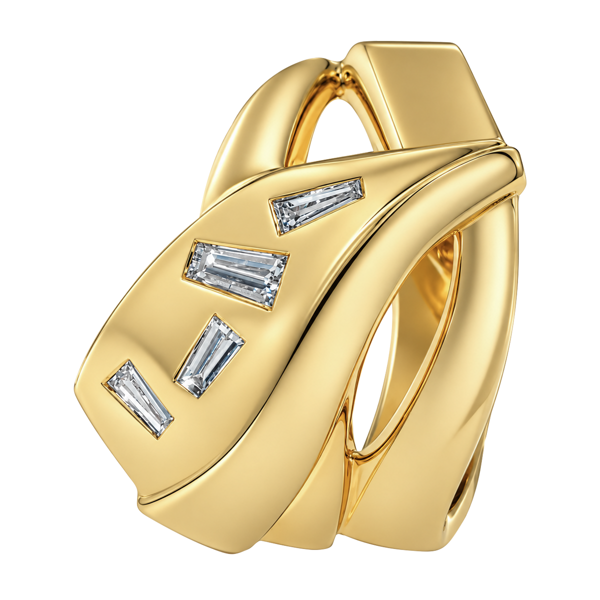 14K Yellow Gold Geometric Wide Band with Baguette Diamonds