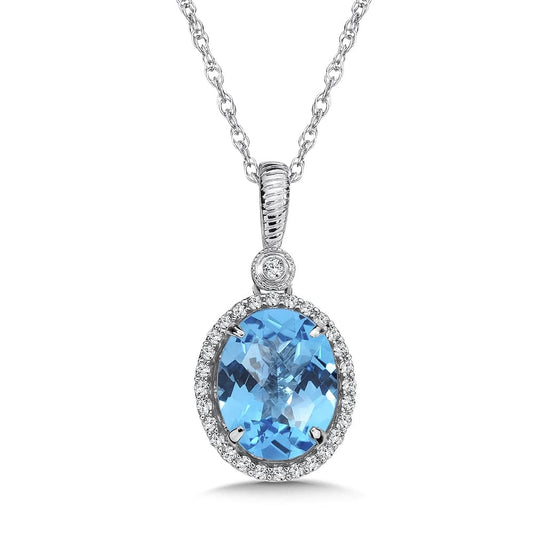 14K White Gold Oval London Blue Topaz Necklace with Accent Diamonds by SDC Creations
