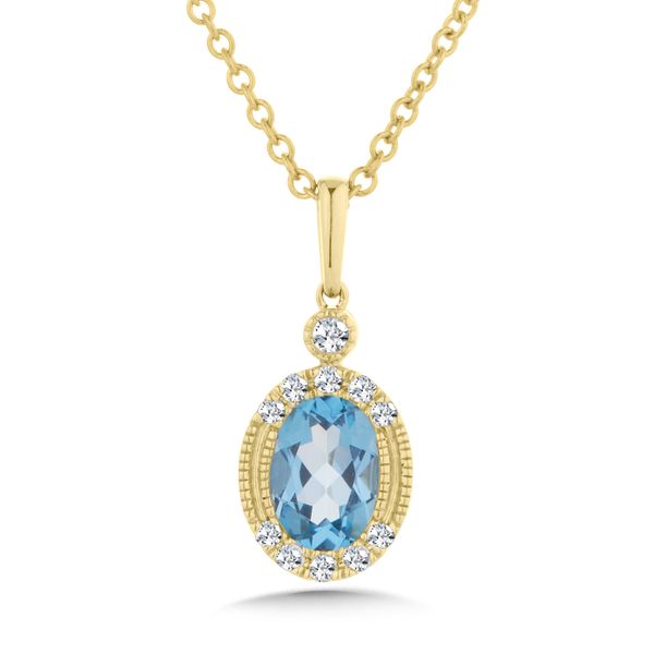 14K Yellow Gold Oval Cut Blue Topaz & Diamond Halo Pendant