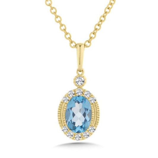 14K Yellow Gold Oval Cut Blue Topaz & Diamond Halo Pendant