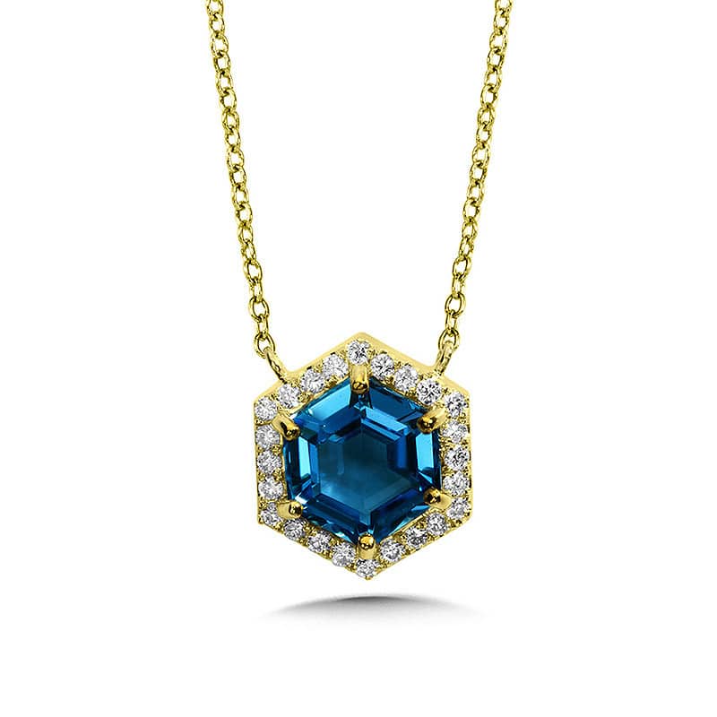 Hexagonal Swiss Blue Topaz and Pave Diamond Necklace by SDC Creations
