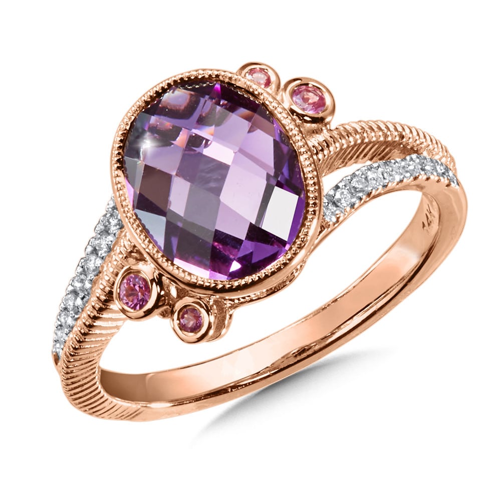 Amethyst and Pink Sapphire and Diamond Ring in 14K Rose Gold by SDC Creations