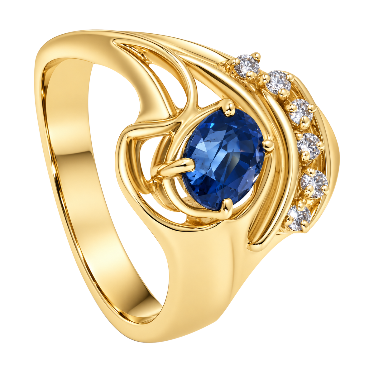14K Yellow Gold Oval Sapphire Swirl Ring
