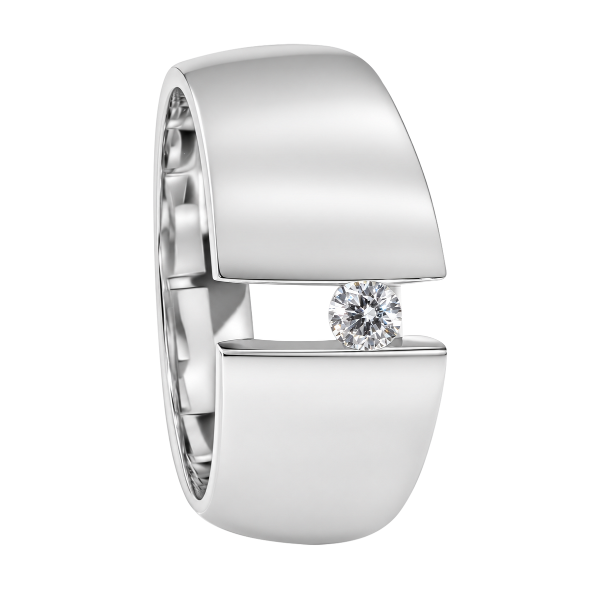 14K White Gold Wide Band with Tension Set Diamond Ring