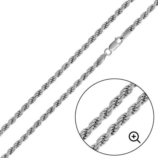 Rhodium Plated Sterling Silver 3.4mm Rope Chain