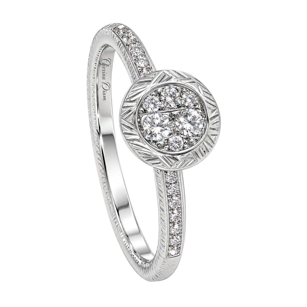 18K White Gold Textured Finish Ring with Center Diamond Cluster