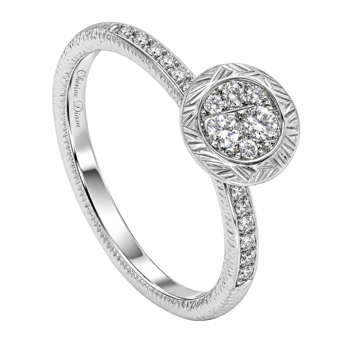 18K White Gold Textured Finish Ring with Center Diamond Cluster
