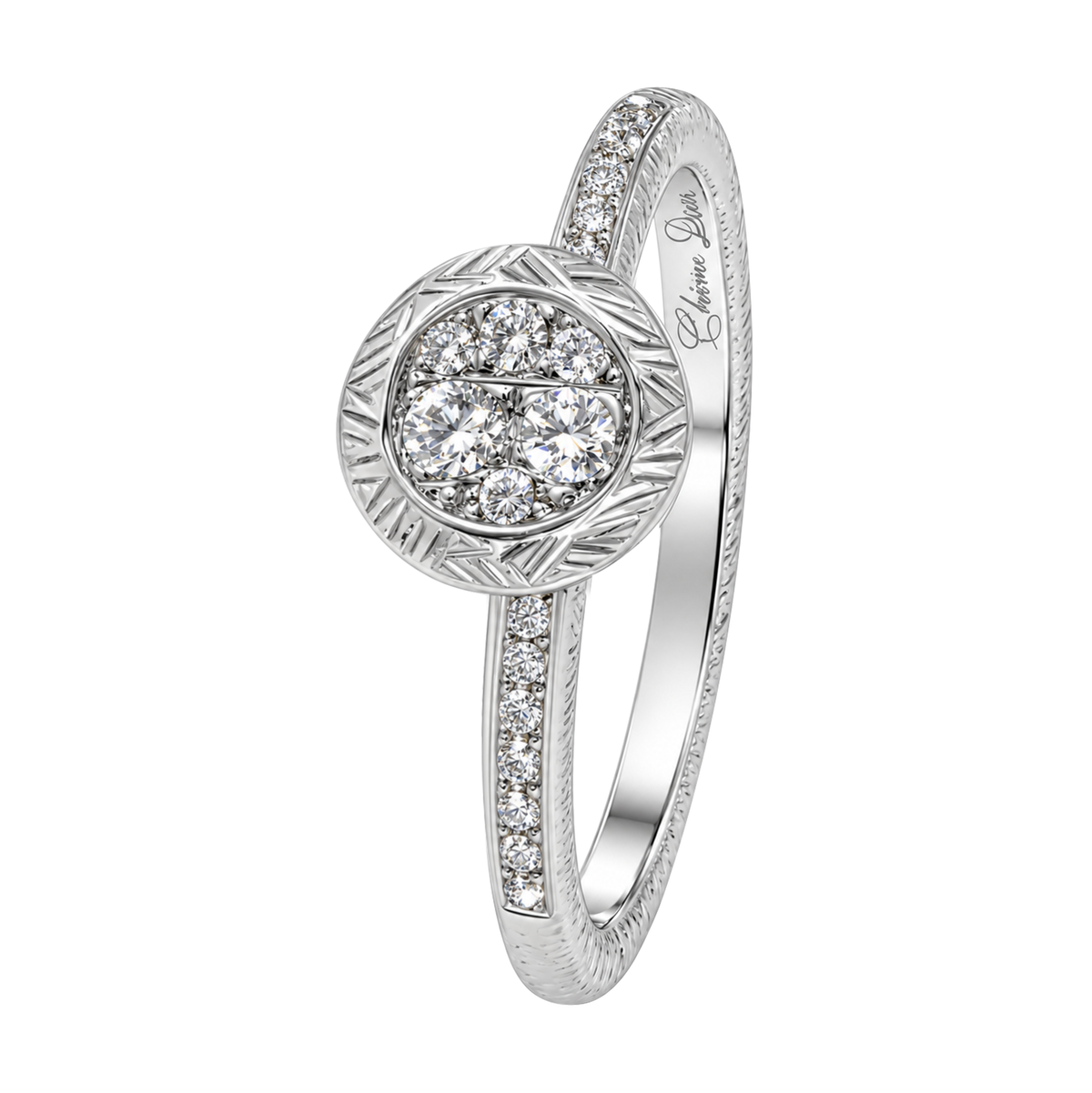 18K White Gold Textured Finish Ring with Center Diamond Cluster