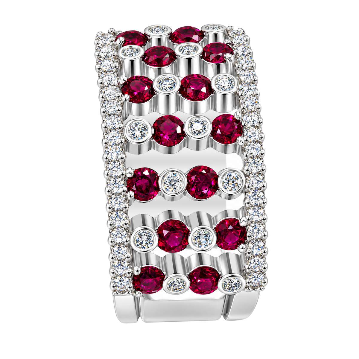 18K White Gold Ruby and Diamond Wide Band