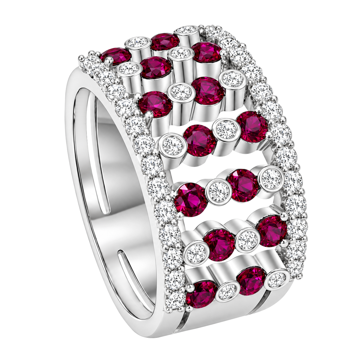 18K White Gold Ruby and Diamond Wide Band
