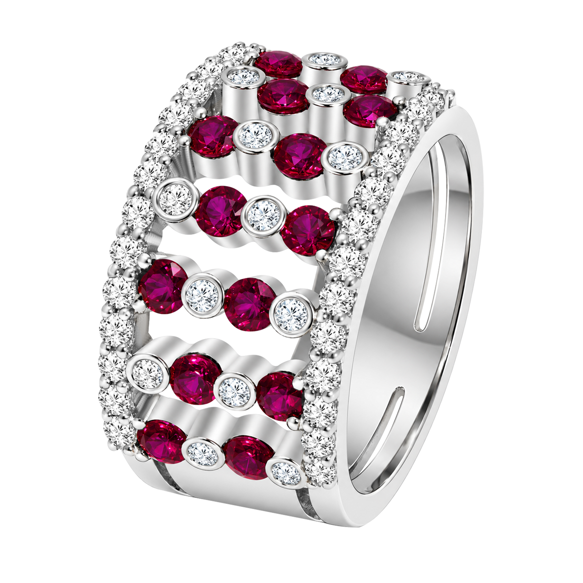 18K White Gold Ruby and Diamond Wide Band