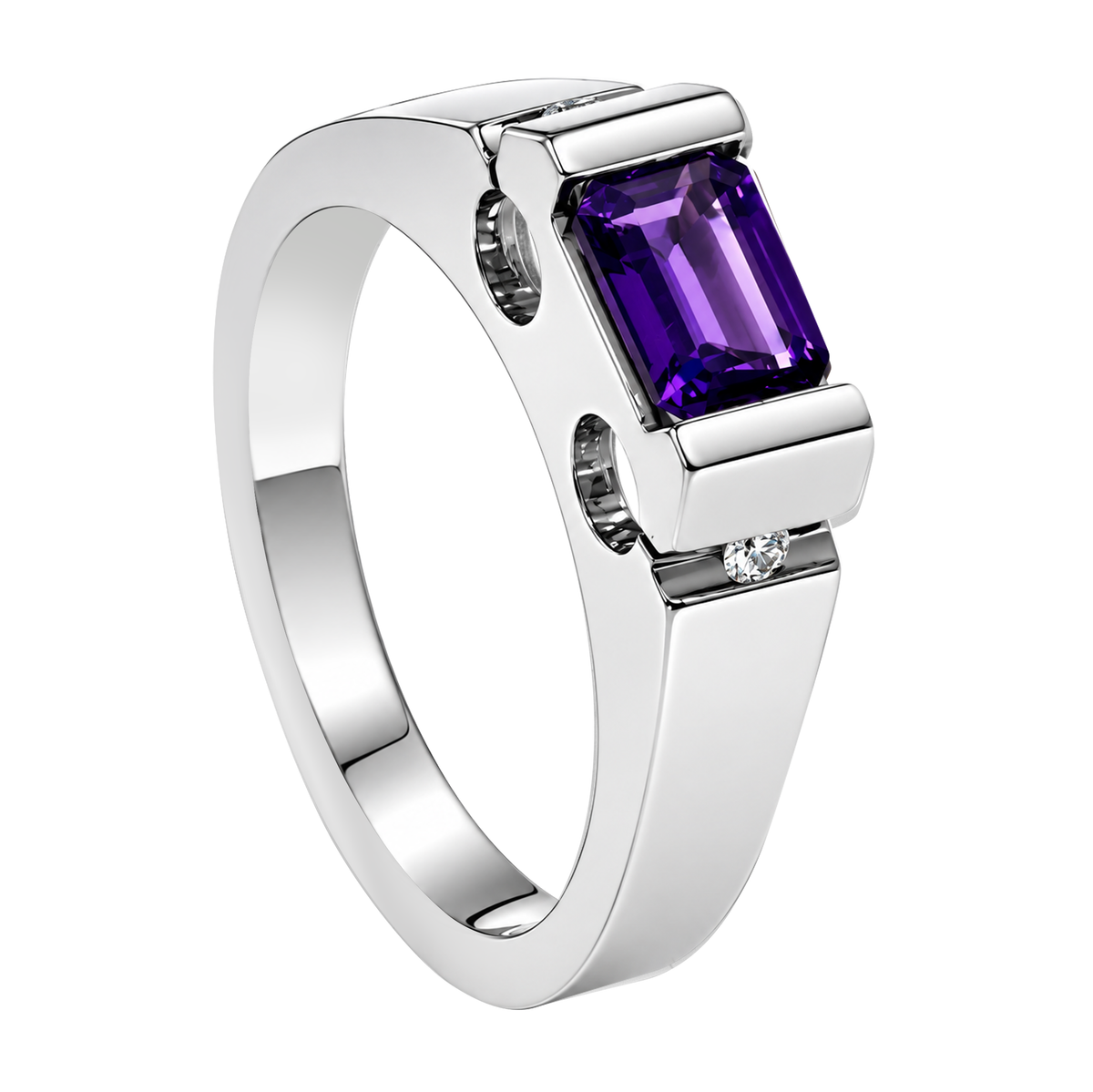 18K White Gold Modern Emerald Cut Amethyst Ring