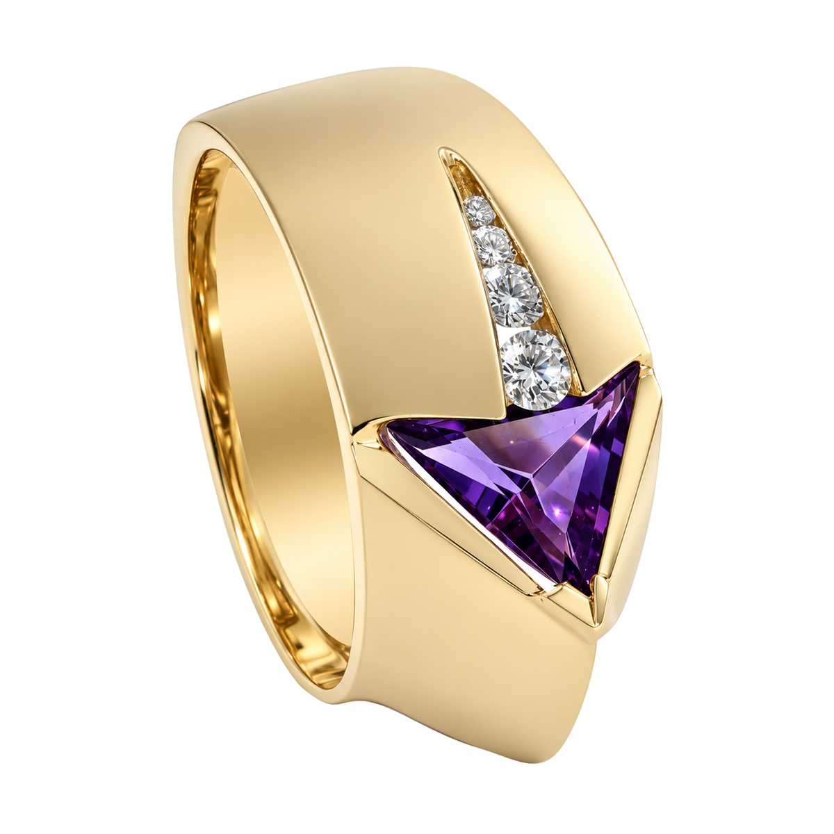 14K Half Brushed Yellow Gold Trillion Cut Amethyst Ring