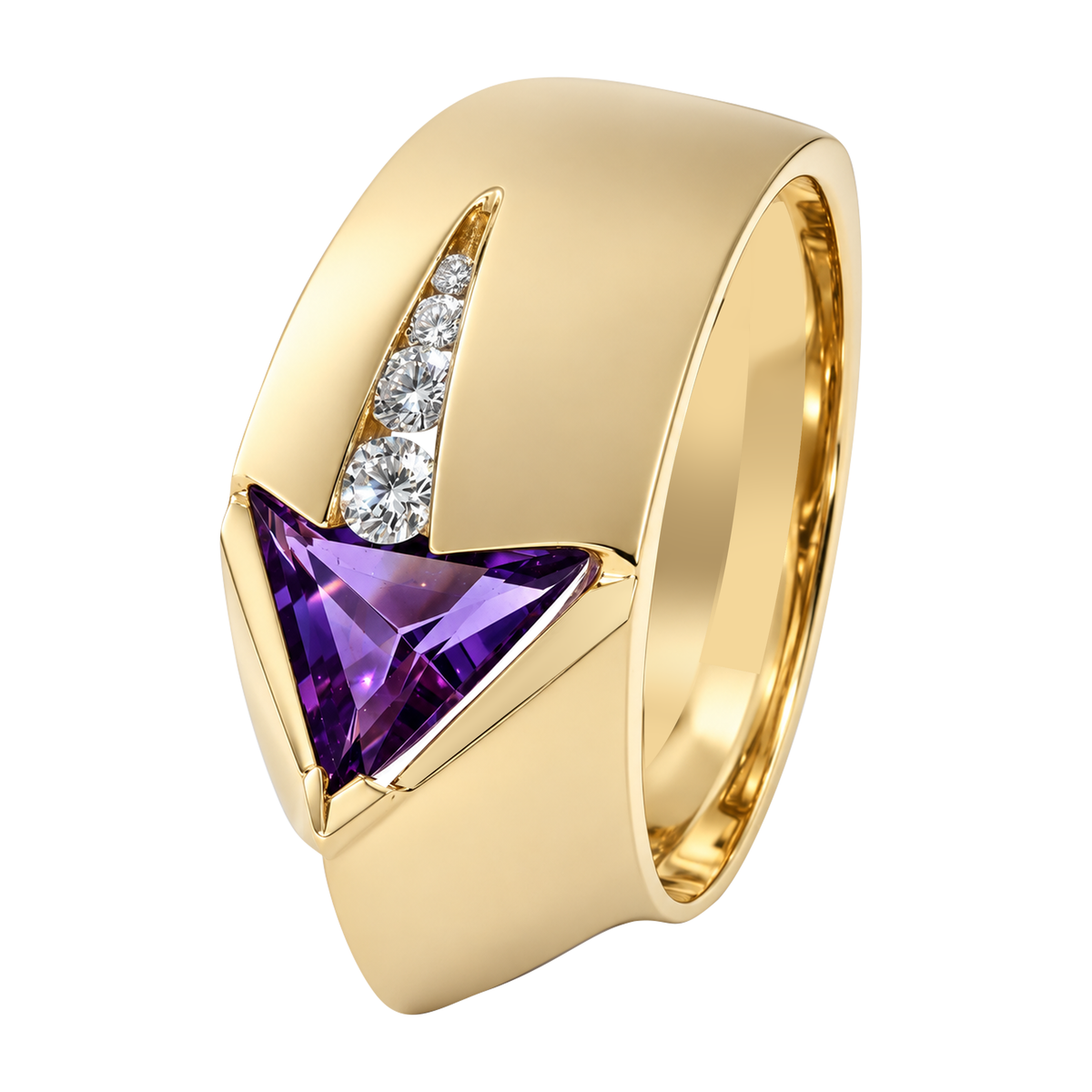 14K Half Brushed Yellow Gold Trillion Cut Amethyst Ring