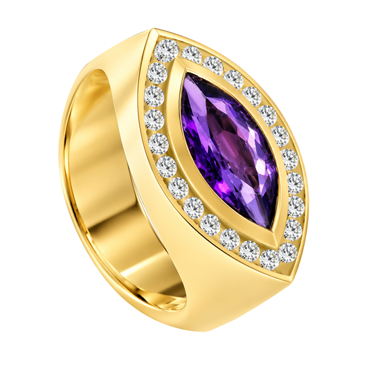 14K Yellow Gold Horizontally Set Marque Amethyst Ring