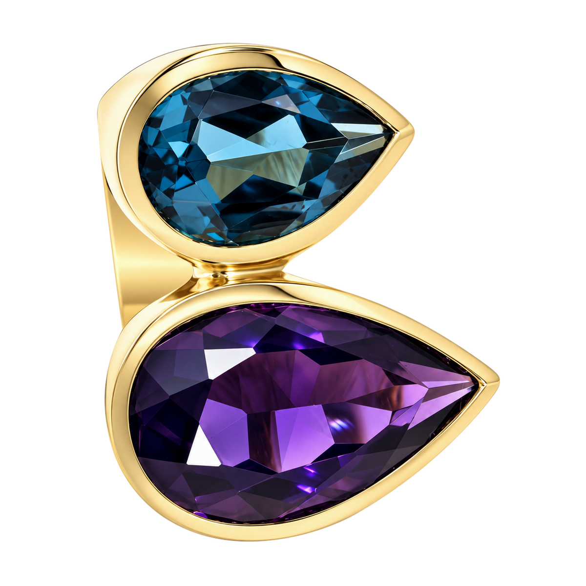 14K Yellow Gold Large Double Teardrop Blue Topaz & Amethyst Ring