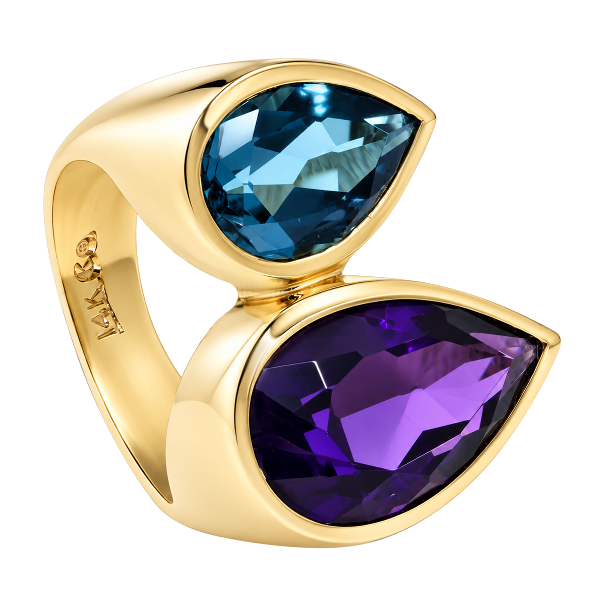 14K Yellow Gold Large Double Teardrop Blue Topaz & Amethyst Ring
