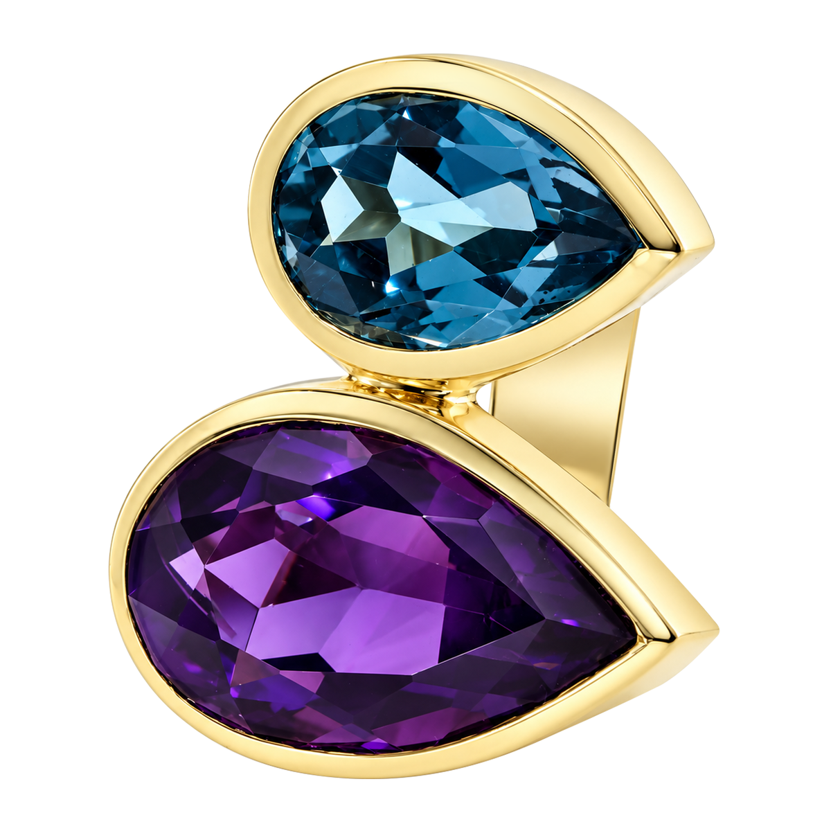 14K Yellow Gold Large Double Teardrop Blue Topaz & Amethyst Ring