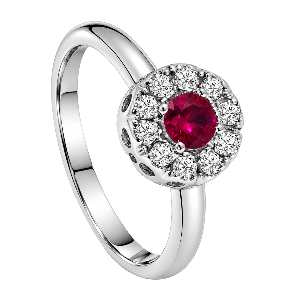 18K White Gold Solitaire Ruby & Halo Diamond Ring