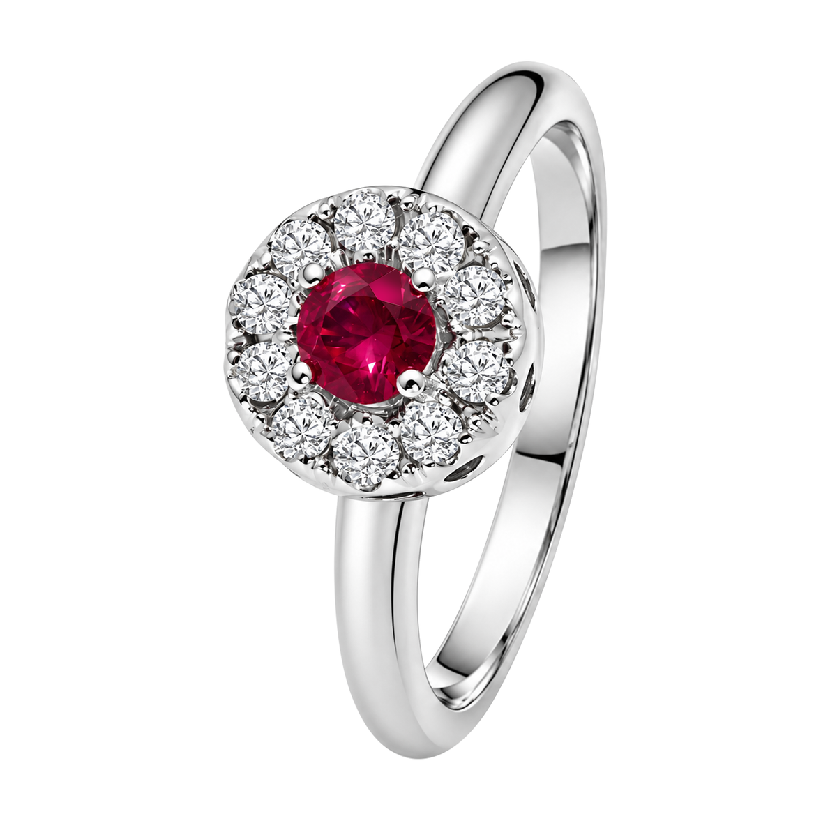 18K White Gold Solitaire Ruby & Halo Diamond Ring