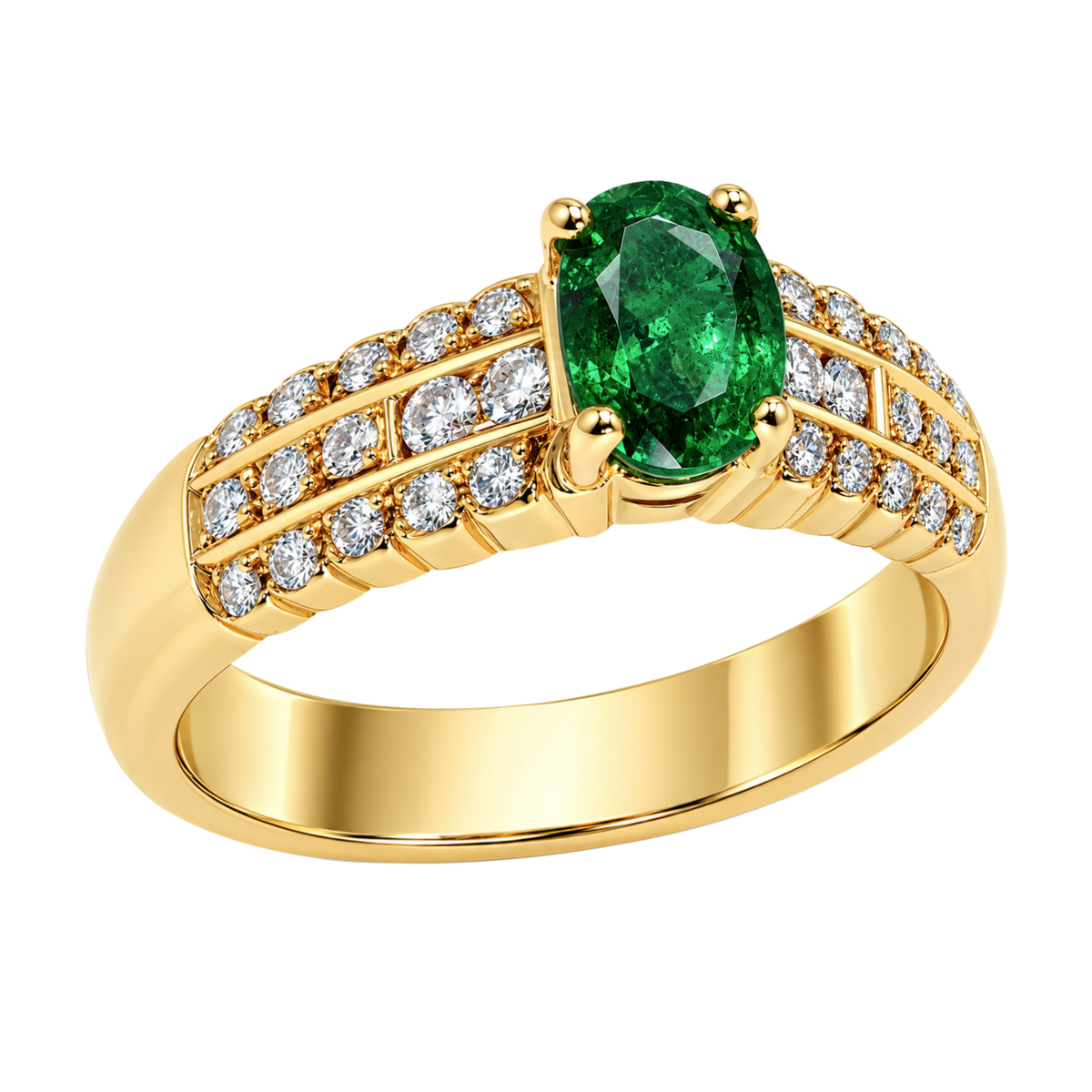 18K Yellow Gold Oval Emerald & Diamond Ring
