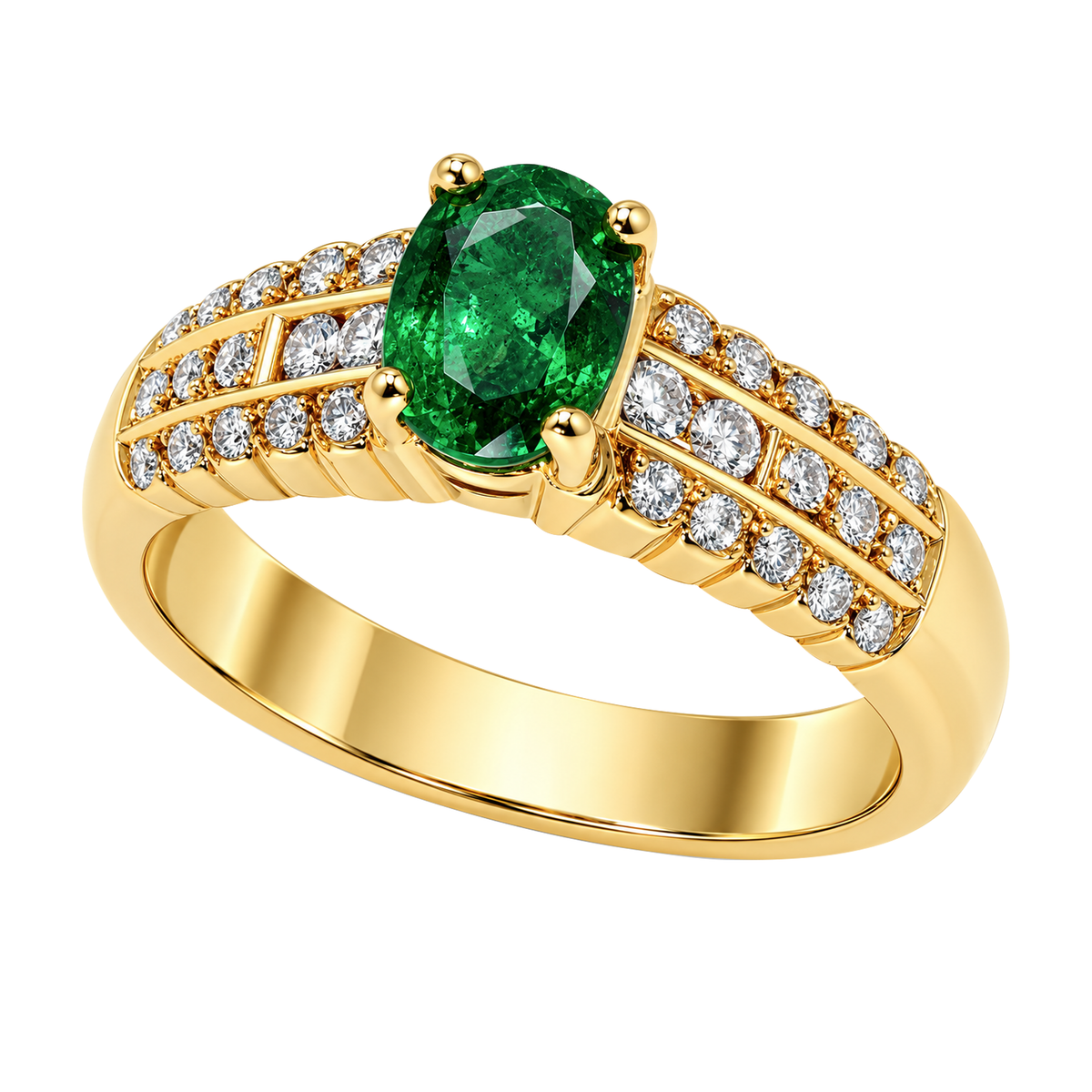 18K Yellow Gold Oval Emerald & Diamond Ring