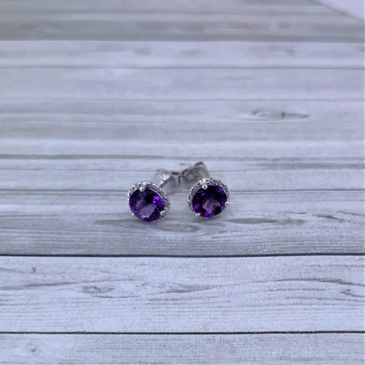 14K White Gold Amethyst and Diamond Earrings by Madison L